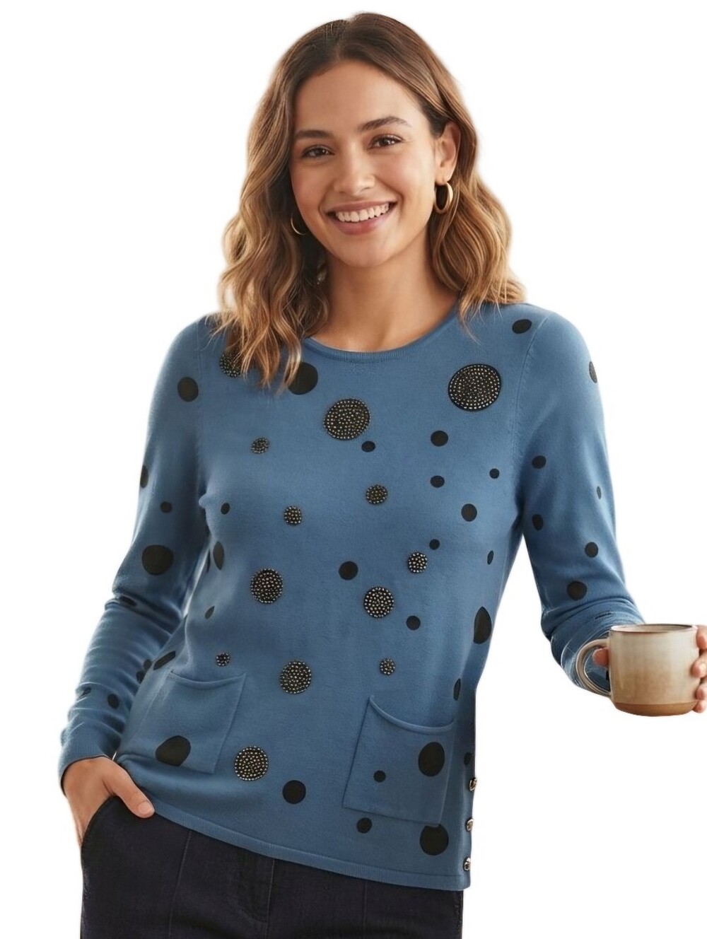 Carre Noir NWT Art To Wear Rhinestone Pearl Teal Polka Dot Sweater Size S